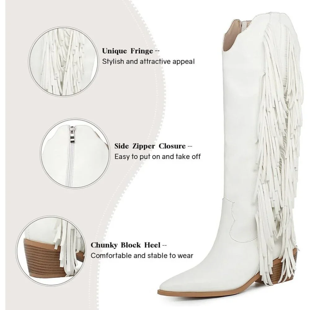 Women White Synthetic Fringe Tassels Pointed Toe Knee High Western Cowgirl Boots